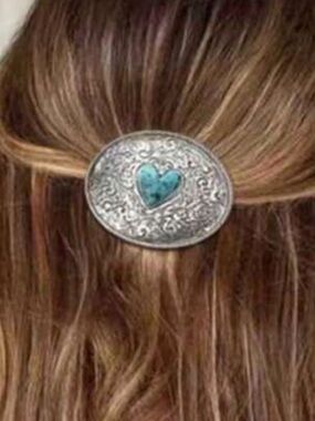 Silver Oval Hair Barrette with Turquoise Heart Accent